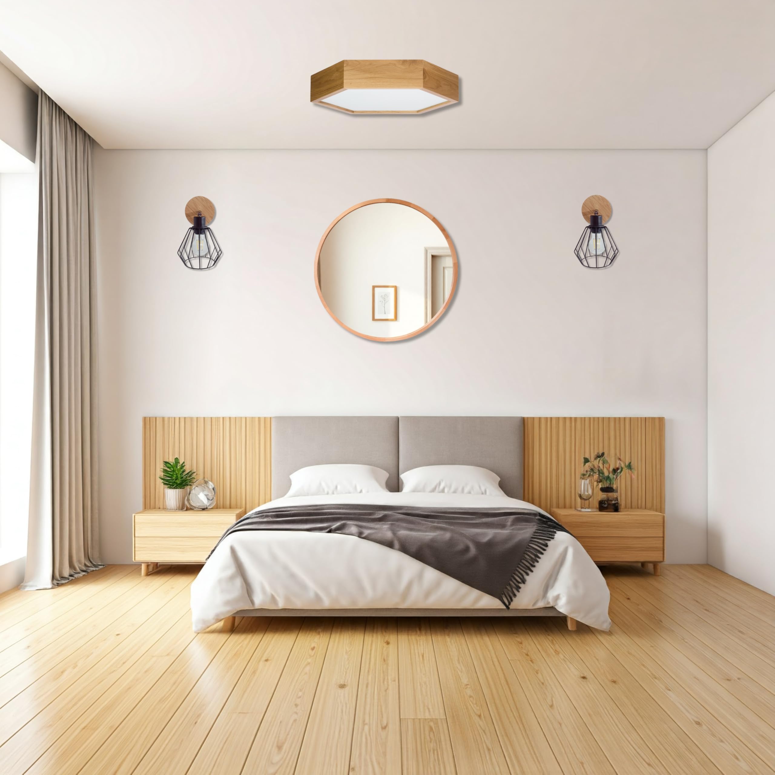 Deckenlampe - Sechseck Holz Deckenleuchte Eiche 2xE27 (∅37 cm) - Modern Beige Lampe für Schlafzimmer, Wohnzimmer, Flur, Küche - Stilvolle Eichenholz LEJA