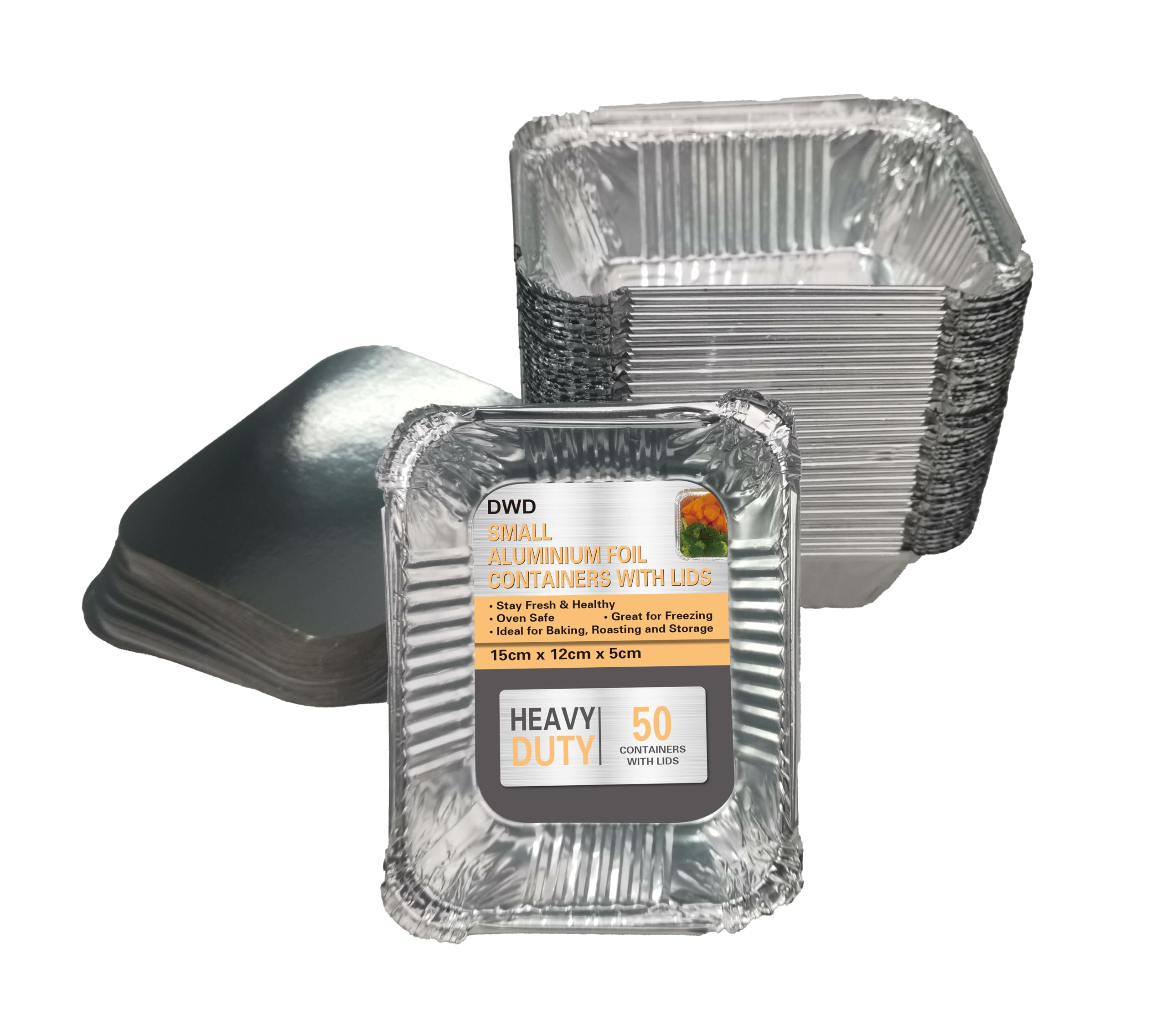 DWD Premium Small Foil Aluminium Trays Pack of 50 Heavy-Duty Deep Tin Foil Trays 15cm L x 12cm W X 5cm H with Lids Cooking Baking Roasting BBQ Meal Prep Tray Broiling Food Storage Gastronorm