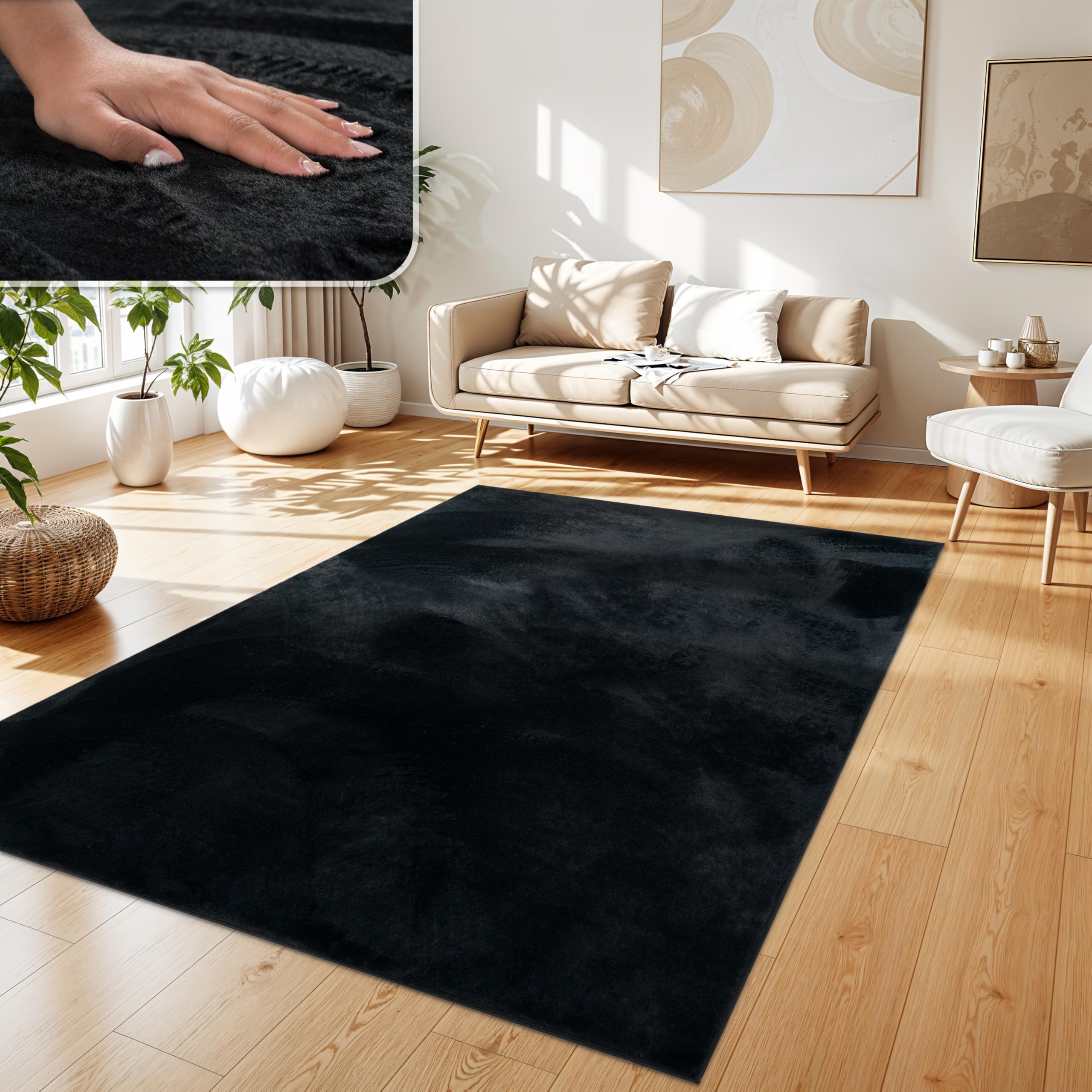 Paco Home Teppich Wohnzimmer Kunstfell weich waschbar modern elegant pflegeleicht Felloptik Uni Seidenglanz flauschig Hochflor, Grösse: 120x160 cm, Farbe: Schwarz
