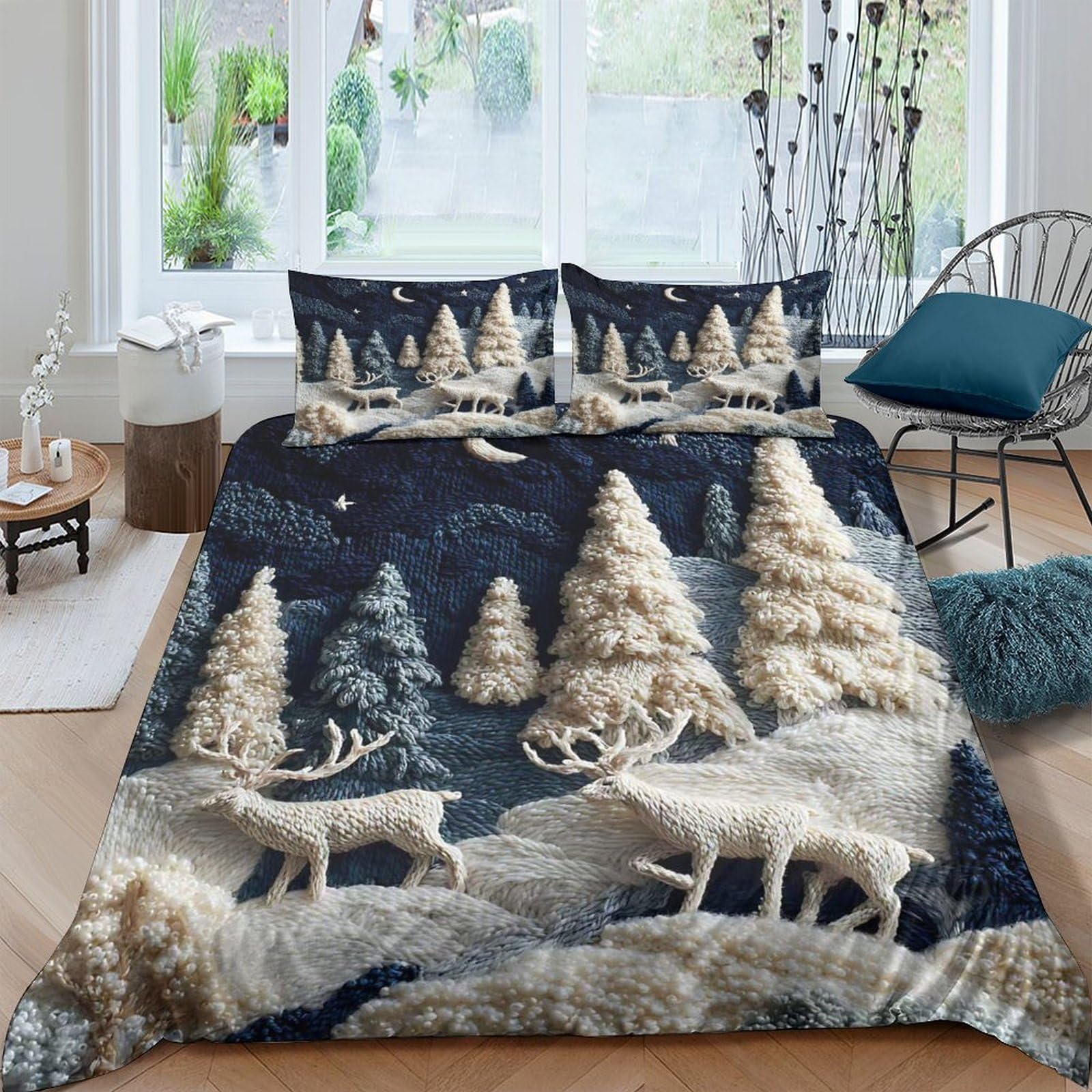 Ctjqhvkz Style-6 3D Printed Winter Forest Fitted Sheet Microfiber Soft Reindeer Mattress Cover For Bedroom Guest Room Decor Dustproof Single（135X200cm）
