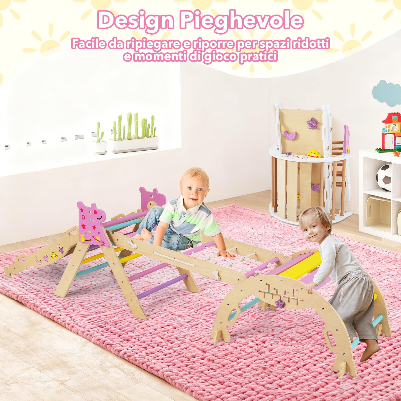RELAX4LIFE Set da Arrampicata per Bambini, Triangolo di Arrampicata con Scivolo e Arco, Gioco di Incastri in Legno, Gioco Montessori per Bambini 1+ Anni (Unicorno-4 Pezzi | Macaron)