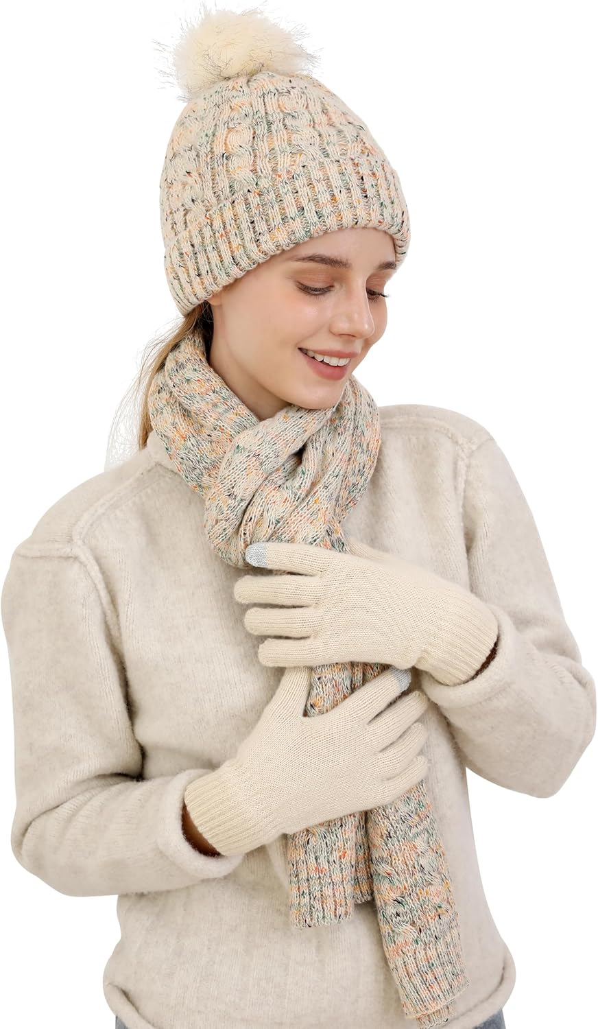 Double Couple 3pcs Winter Women scarf and hat and Touch Screen Gloves Set for Women Knit Hat with Faux Fur Ball Scarves Glove - Image 2