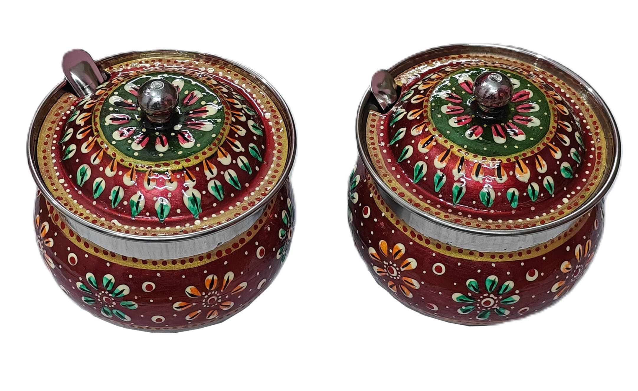 Rastogi Handicrafts Stainless Steel Decorated Bowl with lid and Spoon for Tea and Sugar Storage Bowl (Red, Pack of 2) 4