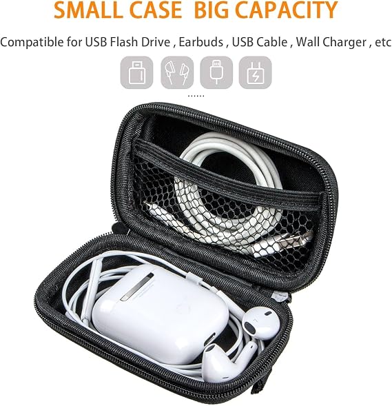 Small Hard EVA Case, Portable Earbud Zipper Pouch with Mesh Pocket,Black