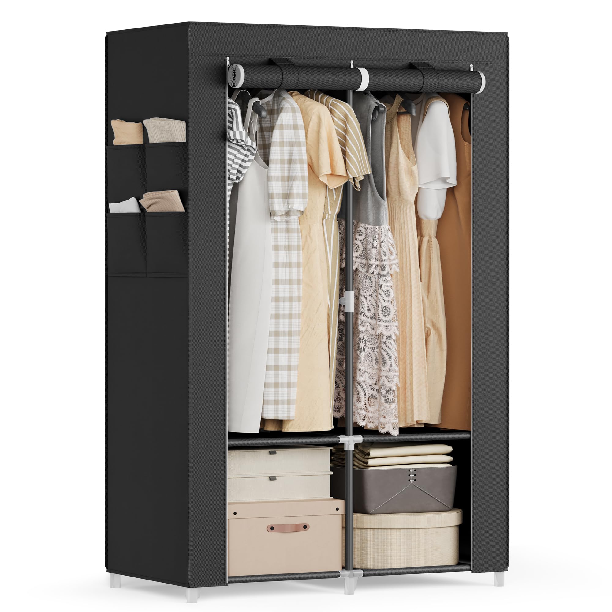 SONGMICS Clothes Wardrobe, Portable Closet, Garment Organiser Rack with 2 Hanging Rails, Shelves, 4 Side Pockets, 45 x 86 x 167 cm, Large Capacity, Ink Black RYG091B01