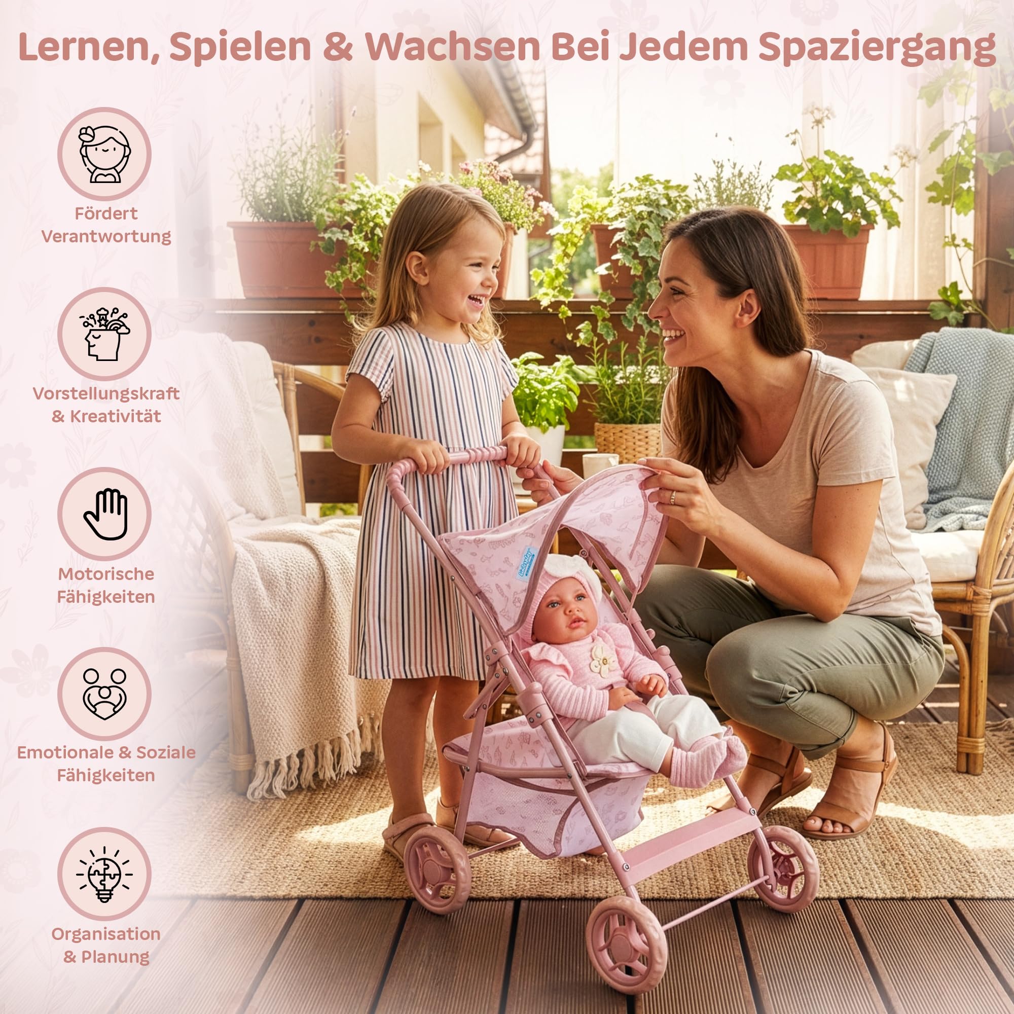 Kinderplay Puppenbuggy ab 2 Jahren – Leichter Faltbarer Puppenwagen mit Verdeck & Einkaufskorb, Stabiler Rahmen, Klappbarer Puppenkinderwagen KP0280A