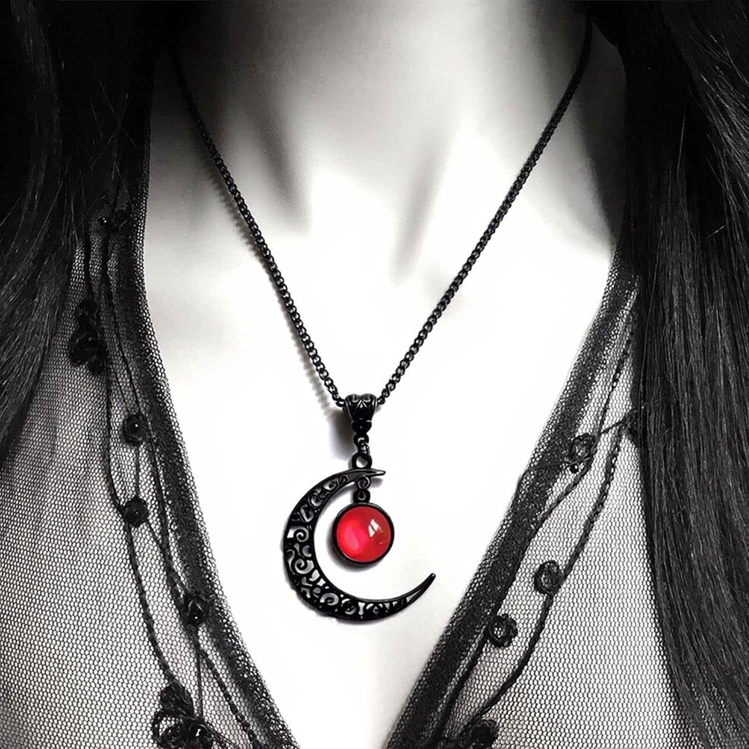 Gothic Moon Necklace for Women Men Punk Crescent Pendant Necklace Vintage Red Crystal Necklaces Emo Halloween Costume Jewelry Gift - Image 2