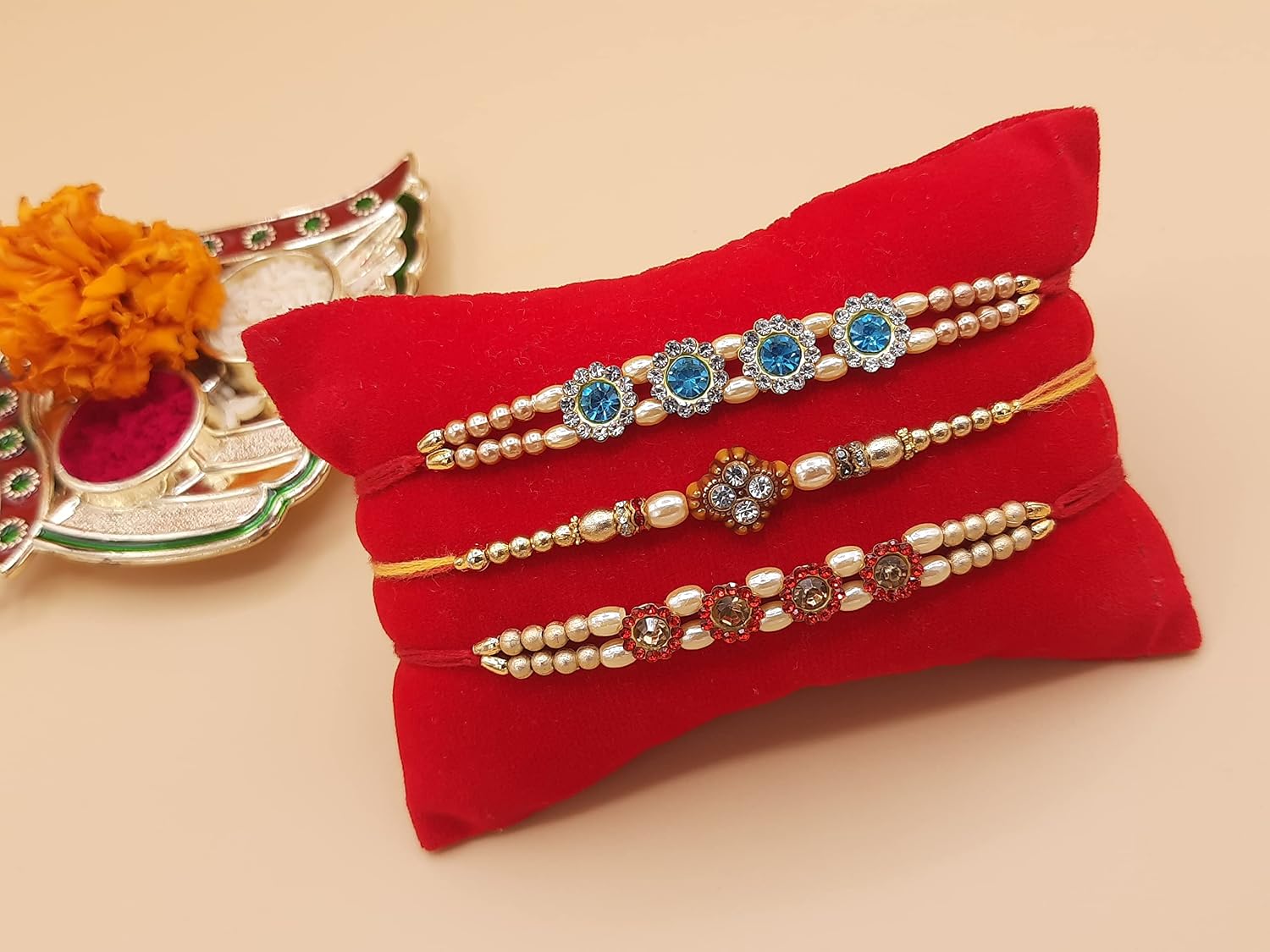 Rakhi Bracelet, Wrist Band. Fancy Rakhi unique beautiful stones blue white, red stones, Rakhi gift celebration with your Brother, Bhabhi/Sibling, Sister, Father & Family.