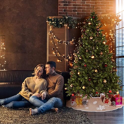 Miniatura 34 de MACTING Falda de árbol pequeño de Navidad, falda de árbol de arpillera roja de 23 pulgadas con copo de nieve blanco impreso para vacaciones, hogar