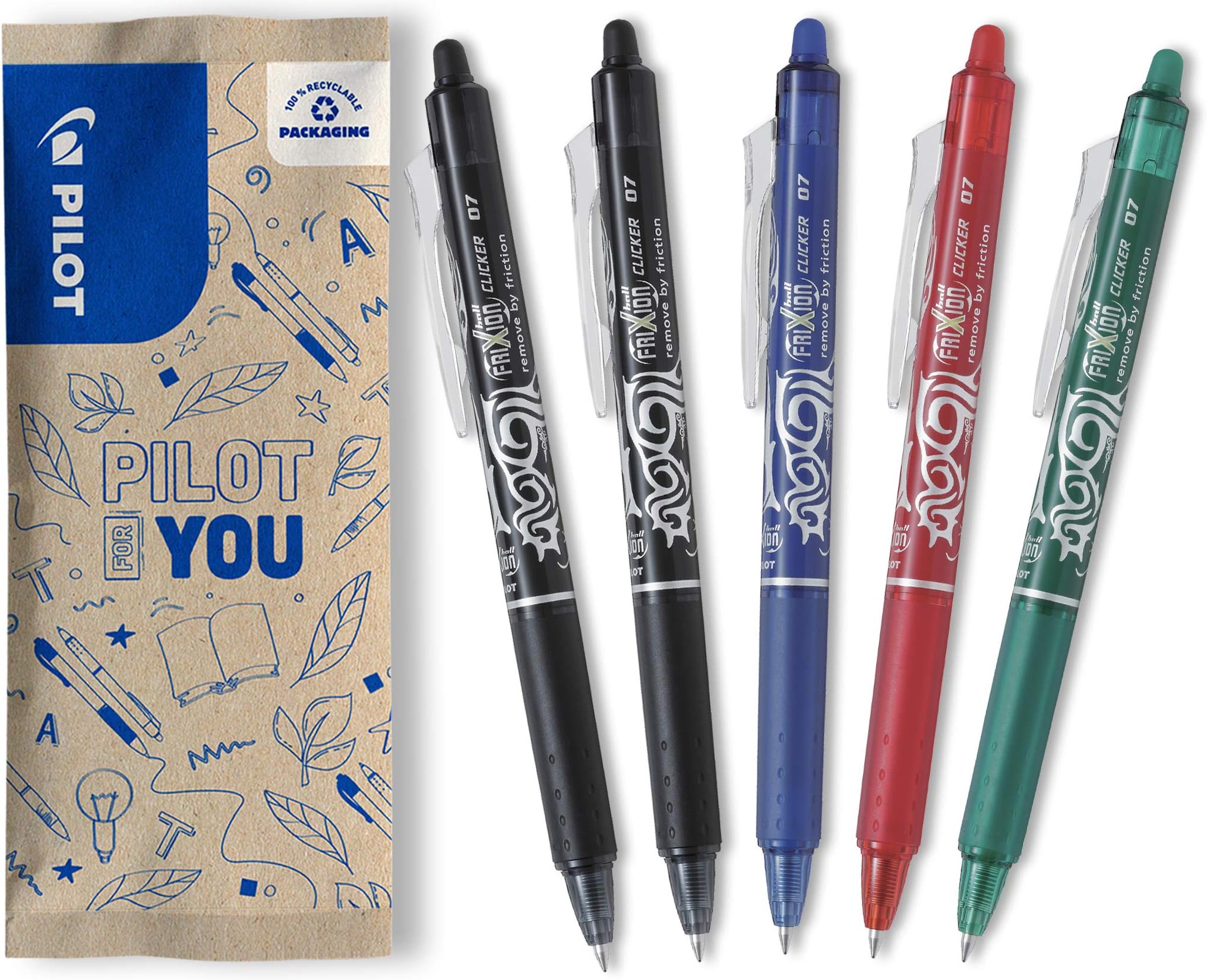 PILOT - FriXion Ball Clicker Erasable Pen - 0.7mm Tip Rollerball - 5 x Assorted Colour Pens - Black, Blue, Red, Green