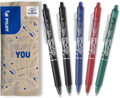 PILOT - Caja de 5 FriXion Ball Clicker - Bolígrafo Retráctil Borrable con Tinta Termosensible - Rollerball Recargable y Ergonómico - 1 Azul, 2 Negro, 1 Rojo, 1 Verde - Punta Media