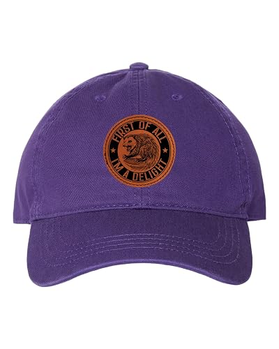 Go All Out First of All I'm A Delight Possum Leather Patch Dad Deluxe Trucker Flatbill Baseball Structured Embroidered Hat - Dad - One Size - Purple