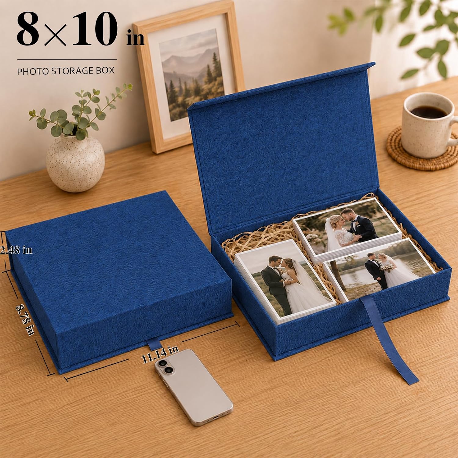 Vienrose Linen Photo Storage Box, 8"x10", Postcard Keeper, Dark Blue image 2