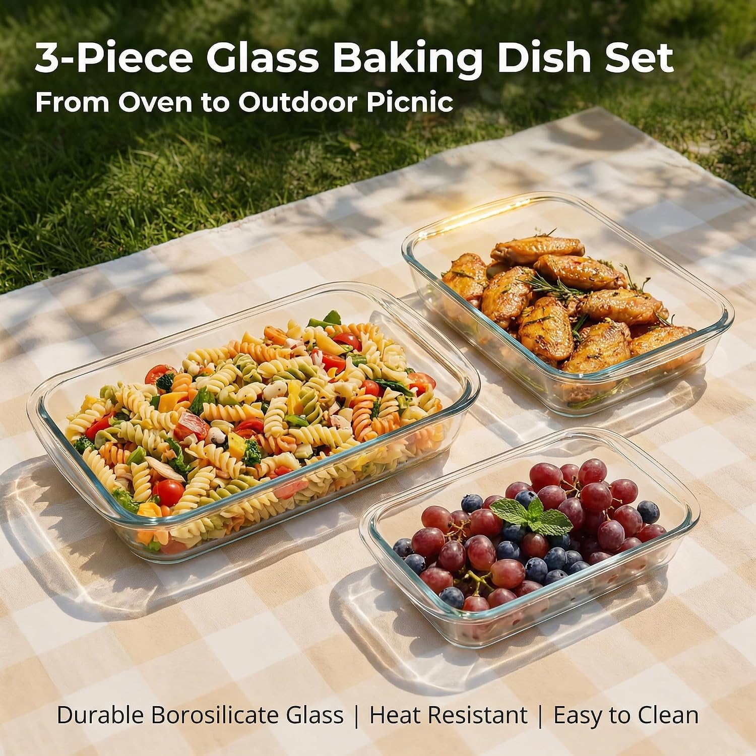 High Borosilicate Glass Baking Dishes for Oven, (2.3QT, 1.6QT, 1.0QT, 3 Pack) Rectangular Bakeware Sets, Deep Glass Casserole Dishes with Handle for Microwave, Baking, Meal Preparation