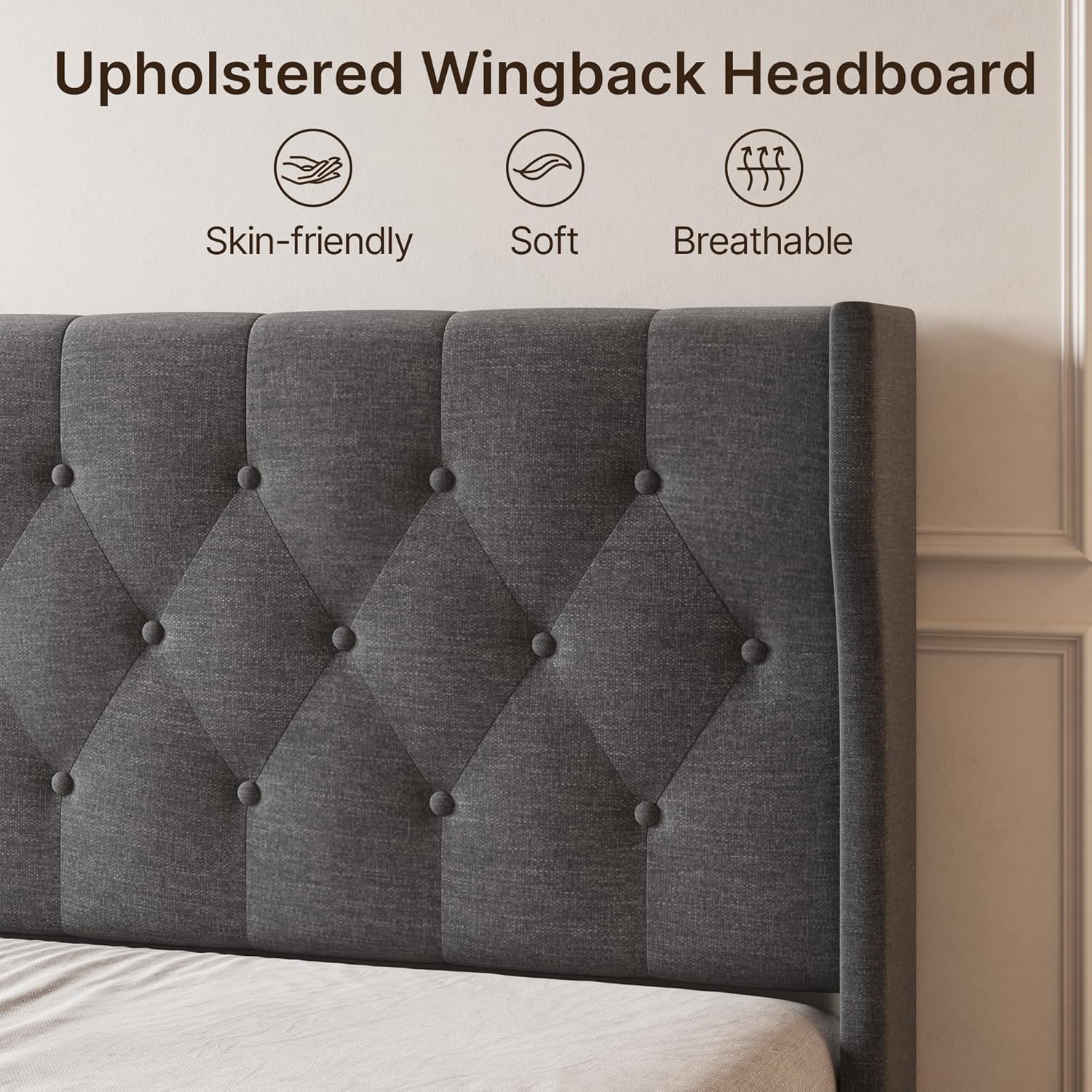 Ahomly Full Size Bed Frame, Upholstered Bed Frame with Headboard and Strong Wooden Slats, Sturdy and Stable, No Box Spring Needed, Heavy Duty Feet, Easy Assembly, Dark Grey