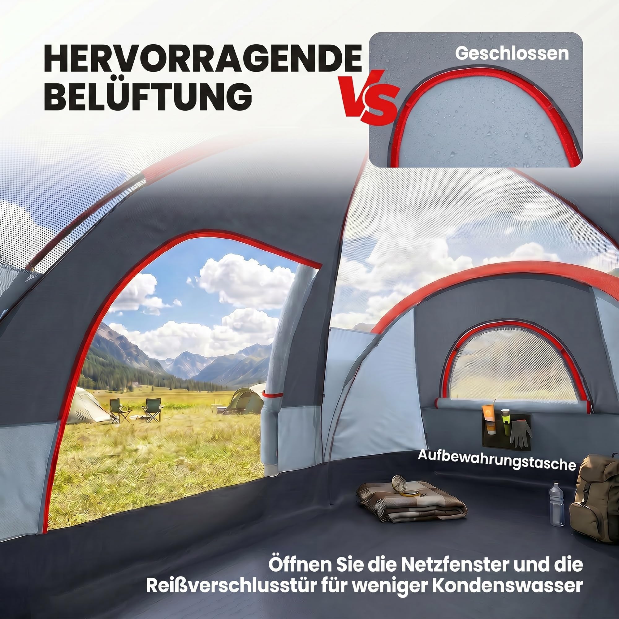 Outsunny Campingzelt für 5 Personen stabil wasserdicht Familienzelt mit Eingang Fenster Packtasche, Zelt mit 3000mm Wassersäule Tunnelzelt für Camping Reise Garten