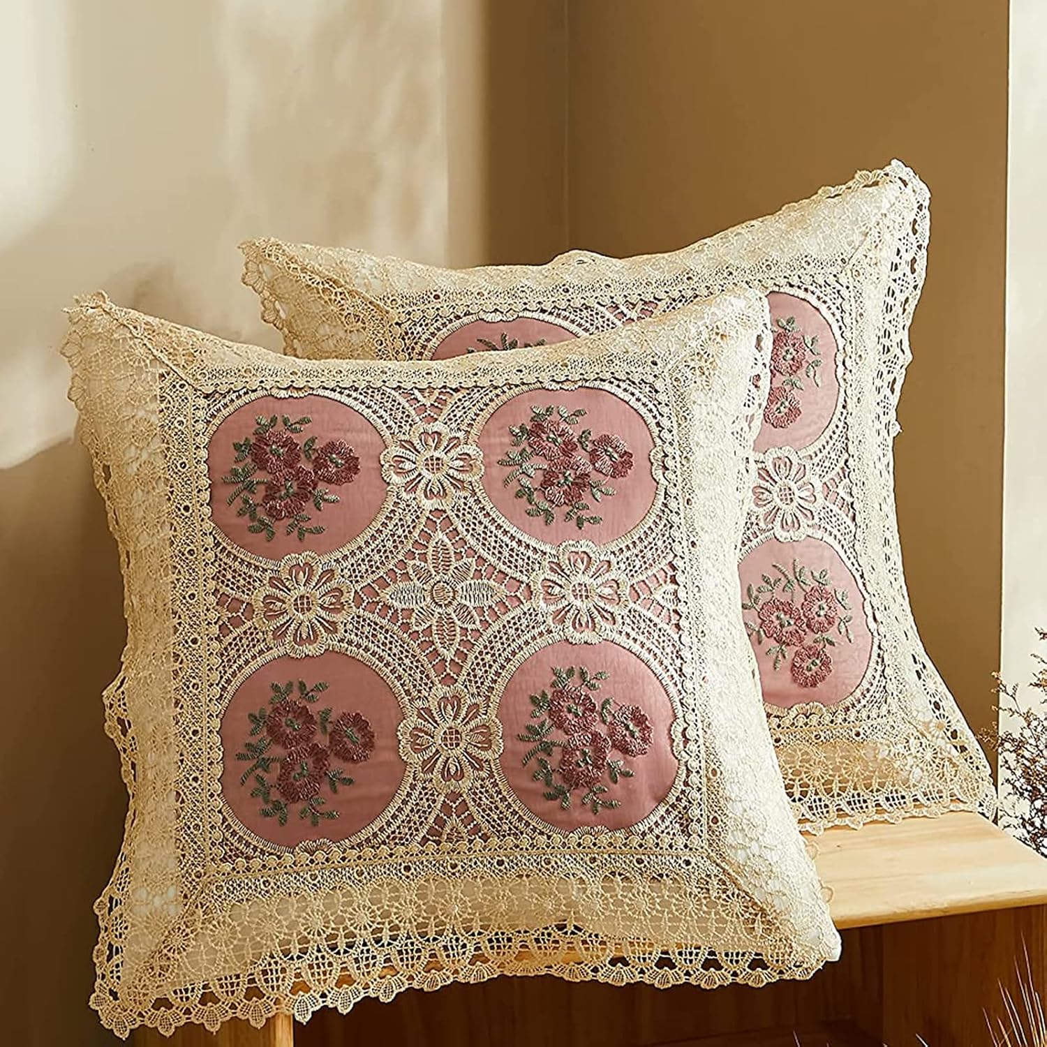 TEALP Lace-Edged Pillowcase Embroidered Sofa and Sofa Handmade Cushion Cover Country Style, 2-Piece Set, Pink Flower Gold, 18x18 inches