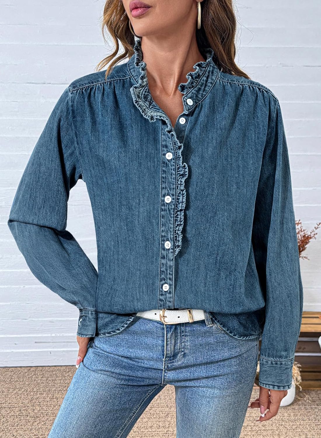 Sidefeel Womens Denim Shirt Button Down Long Sleeve Ruffled Edge Jean Blouses Tops - Image 2