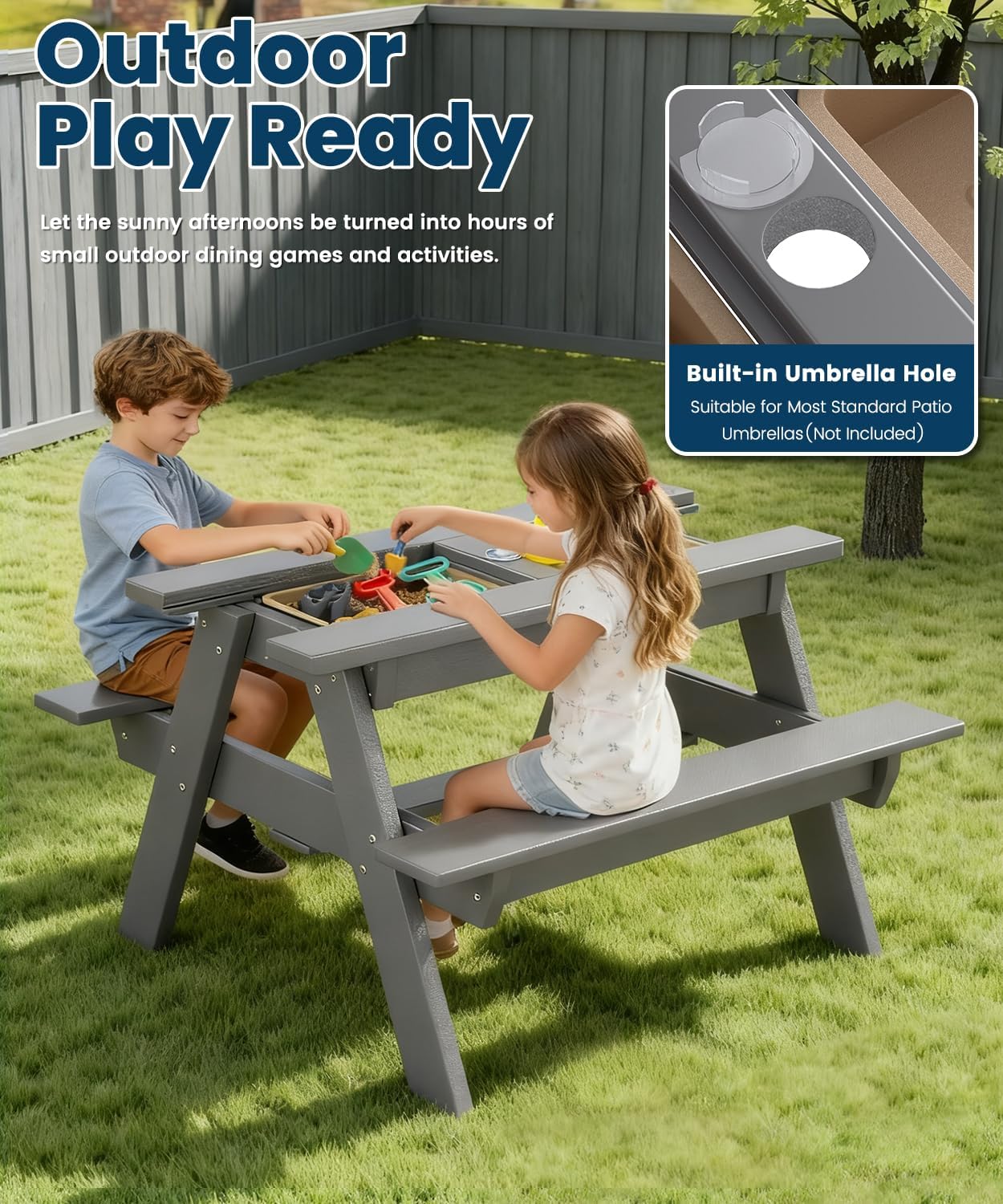 FOOWIN Kids 3-in-1 Sand & Water Table,HDPE Outdoor Convertible Picnic Table w/Detachable Tabletop, for Outdoor Backyard Patio Play Grey