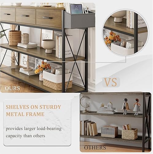 Miniatura 8 de HITHOS Mesa consola de 47.2 pulgadas con 3 cajones, mesa de entrada larga industrial con estantes de almacenamiento de 3 niveles, mesa de pasillo