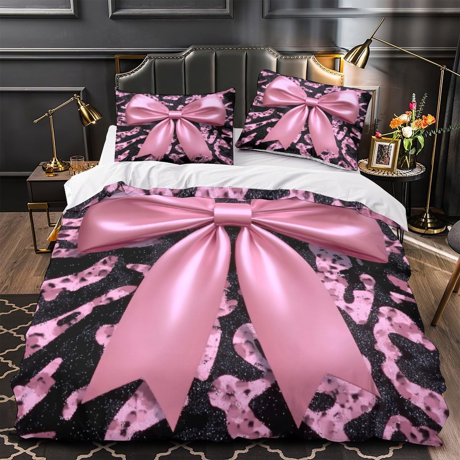 Parure de lit nœud rose housse de couette microfibre pour adolescent single 135x200cm