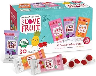 YOU LOVE FRUIT - Fruit Snacks Variety Pack 30 count, 100% Natural Gluten-Free, Vegan, Low Carb, Low Fat Fruit Kosher Snacks for Kids, College Students, Teachers and Offices, Healthy Fruit Snacks (Strawberry, Grape, Mango)