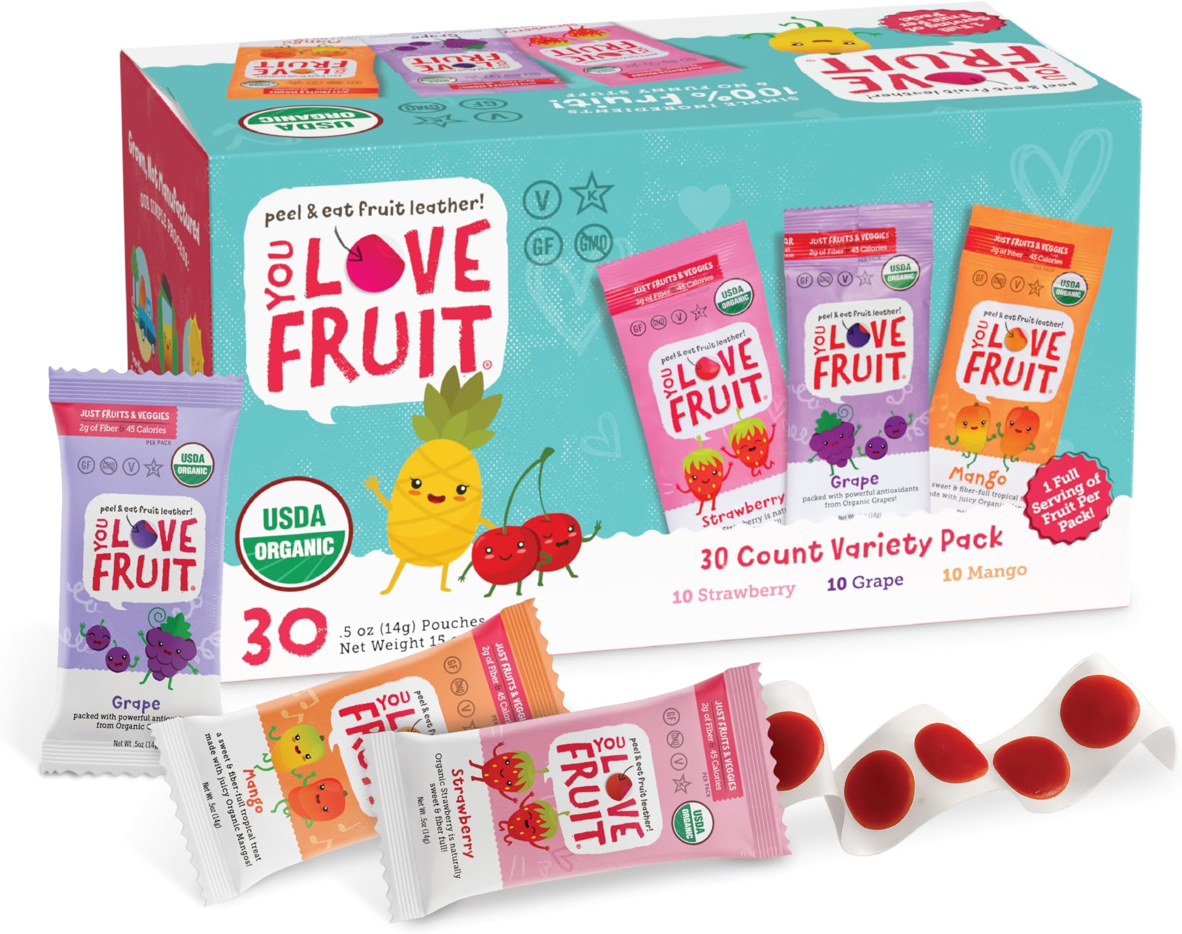 YOU LOVE FRUIT - Fruit Snacks Variety Pack 30 count, 100% Natural Gluten-Free, Vegan, Low Carb, Low Fat Fruit Kosher Snacks for Kids, College Students, Teachers and Offices, Healthy Fruit Snacks (Strawberry, Grape, Mango)