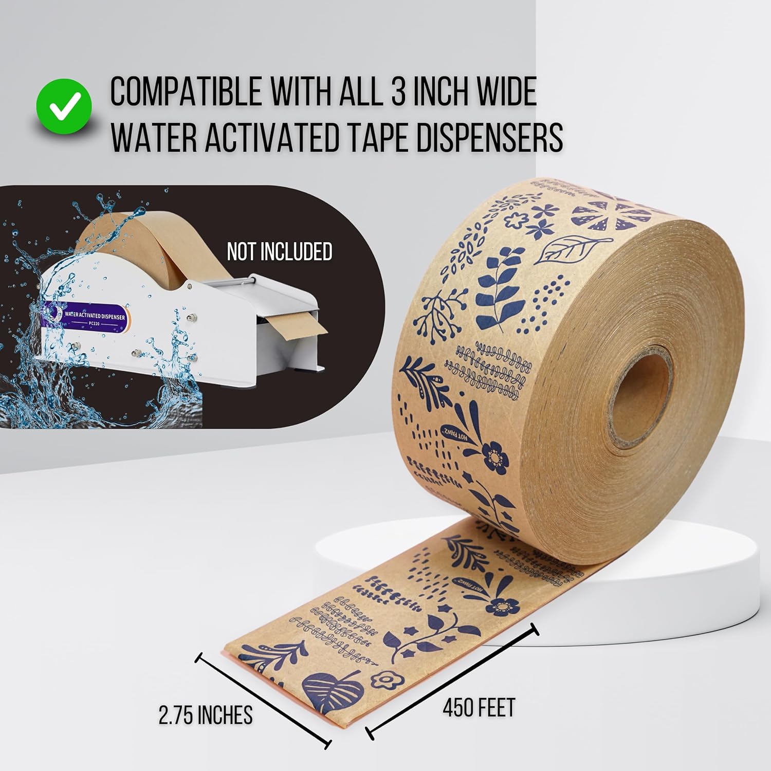 Water Activated Tape, Floral Tape, Reinforced Gummed Kraft Paper Roll, Package Sealing 2.75" x 450 ft, Decorative Packing Tape, Brown Tape