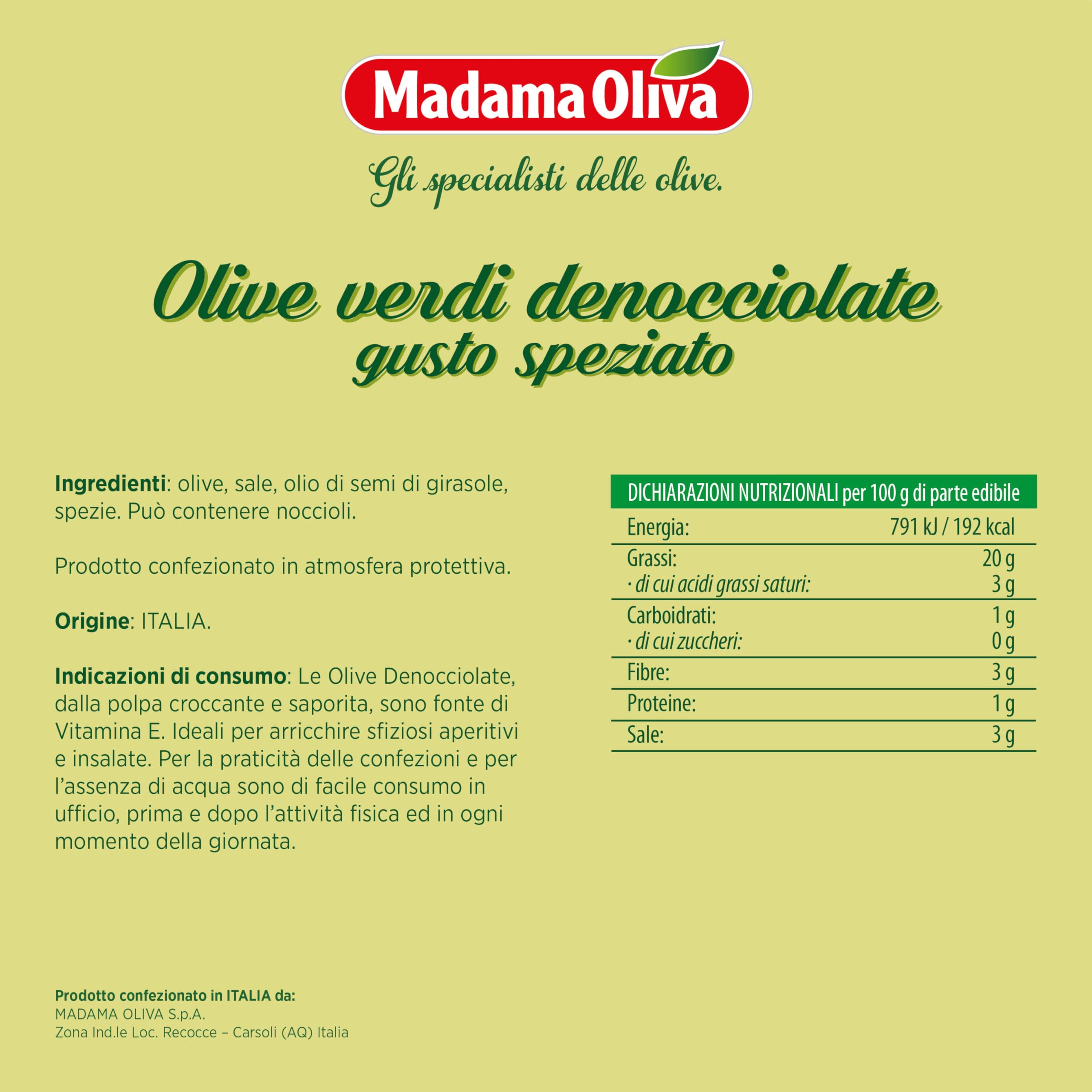 MADAMA OLIVA, Olive Verdi Denocciolate Speziate, Colore Verde Intenso e dal Gusto Caratteristico, 100% Made in Italy, 100% Vegetale, Box da 20 Buste in Alluminio da 30 gr