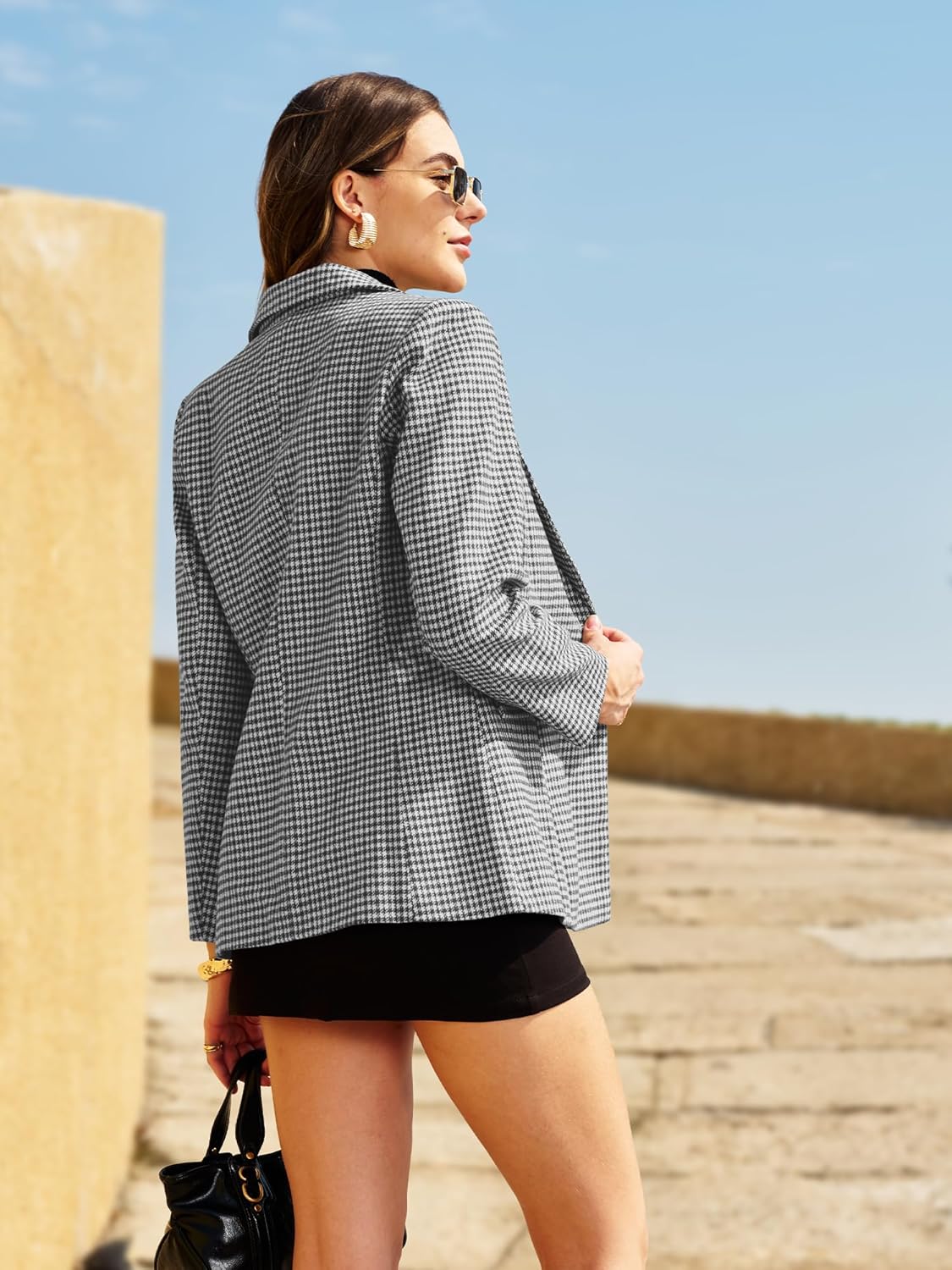 ELLEVEN Women's Oversized Boyfriend Blazer, Plaid Tweed Jacket Fully Lined - Fall Winter Coat for Work Office - Image 3