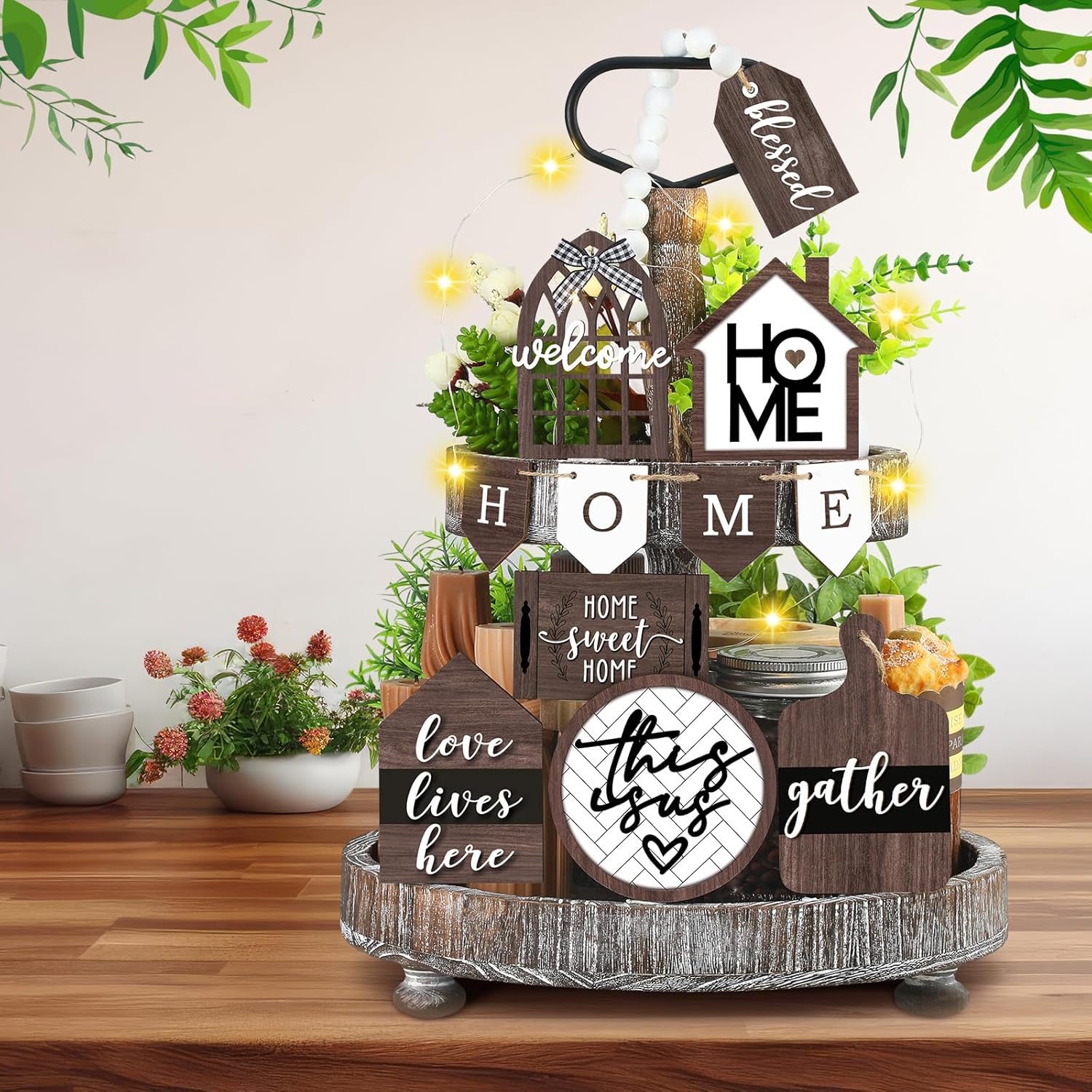 set of 11 farmhouse tiered tray decor rustic home tiered tray decorations set home wooden signs bone dog paw farmhouse tabletop wood signs for kitchen table shelf decor brown style