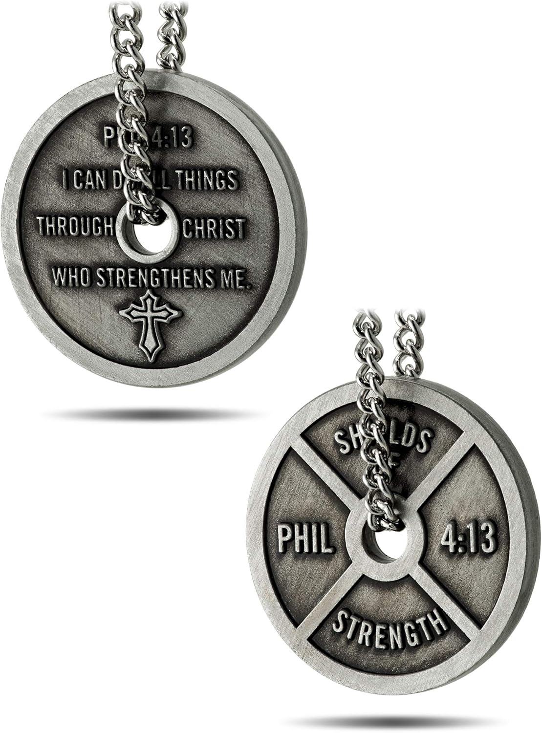 Shields of Strength Women's Antique Finish Mini Weight Plate Necklace-Phil 4:13