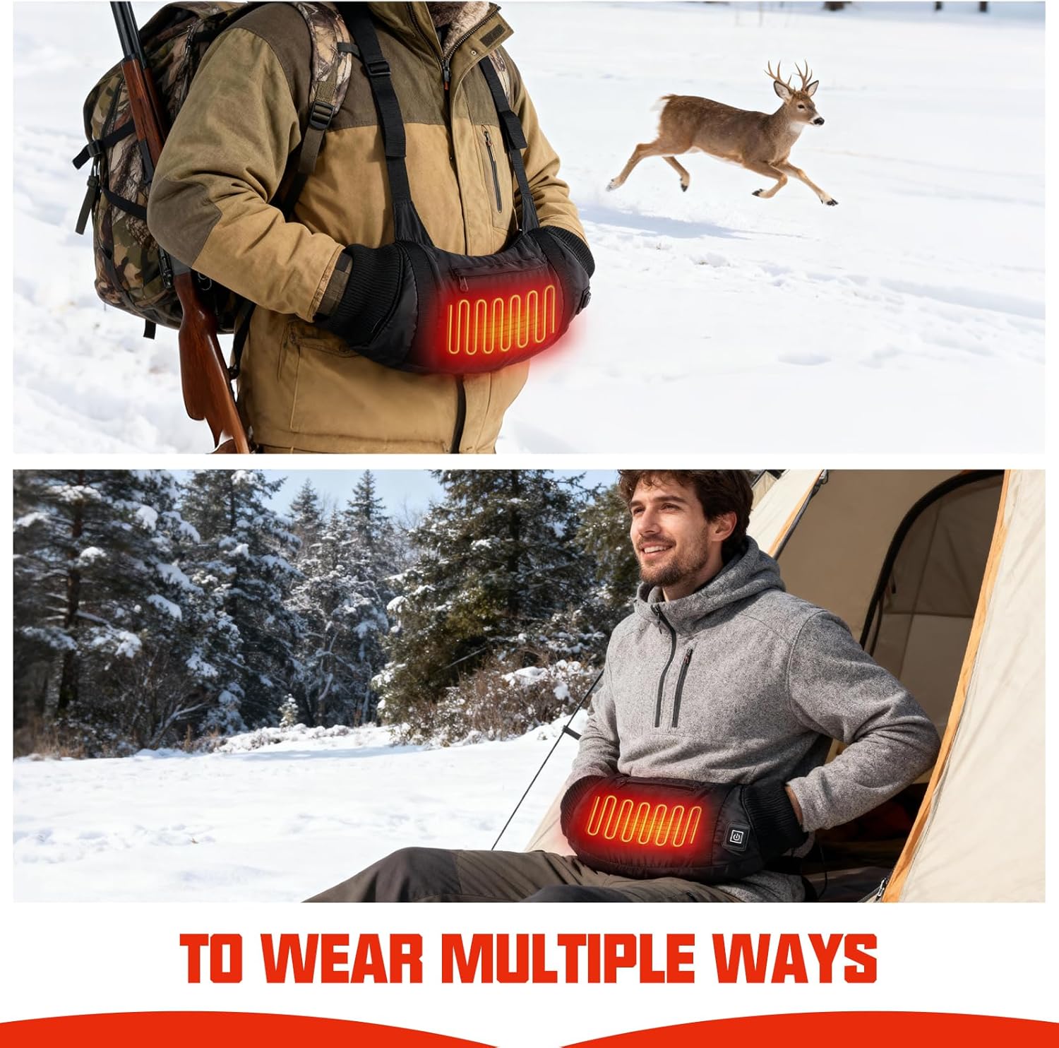 Heated Hand Warmers Pouch 10000mAh Electric Heated Hand Muff with 3-Level Heat Setting, Rechargeable Power Bank, Adjustable Strap, 2 Pocket for Football, Golf, Hunting, Camping(Includes Power Bank)