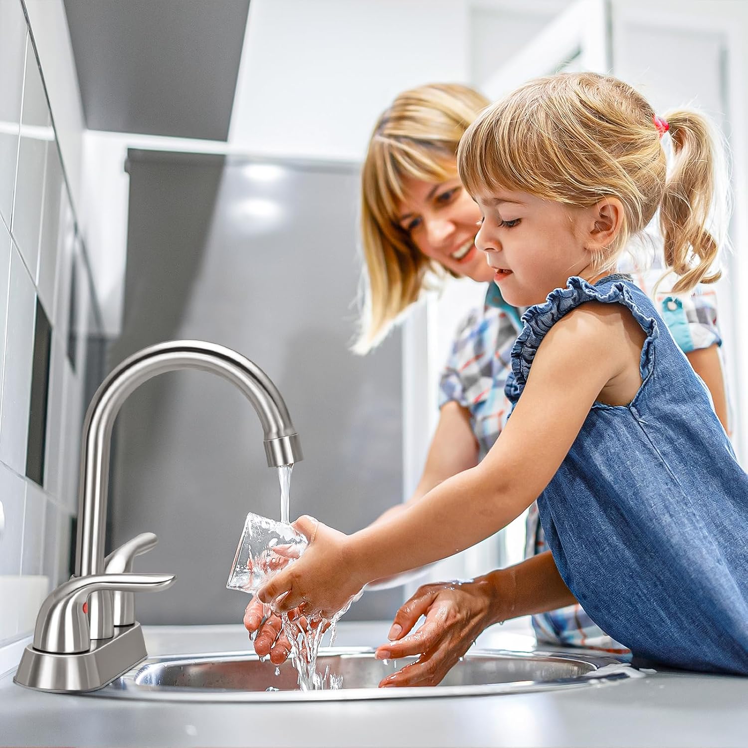 SOKA Bathroom Sink Faucet for 3 Hole, 4 Inch Stainless Steel Faucet for Bathroom, Bathroom Faucets with Deck Plate & Pop-Up Pop-Up Drain Assembly 2-Handle Faucet for Bathroom Sink Vanity RV Restroom