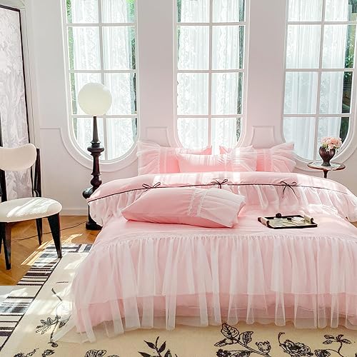 Miniatura 2 de Juego de funda de edredón de encaje con volantes, ropa de cama elegante, ropa de cama de princesa rosa, 100% poliéster, juego de funda de edredón