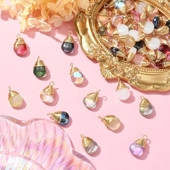 KitBeads 50pcs Glass Water Drop Charms Transparent Colorful Gold Plated Teardrop Charms for Jewelry Making