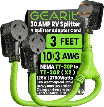 GEARit RV Y Adapter Cord 30 Amp to 2 30 Amp, NEMA TT-30P to 2 NEMA TT-30R, Male Plug to Female Receptacles, 3-Prong Heavy Duty Power Cable, STW 10 AWG 3C - Trailer, Camper and Generator - 3 Feet