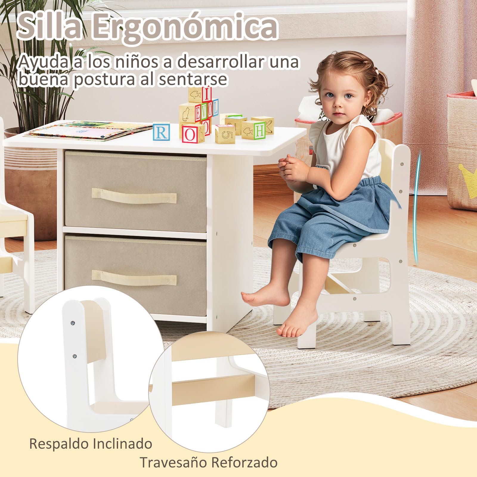 GOPLUS Juego de Mesa y 2 Sillas Infantil 3 en 1, Grupo de Asientos y Escritorio con Amplio Tablero para Niños, Mueble Infantil con 2 Cajas de Almacenamiento, Capacidad Carga 50KG (Natural)