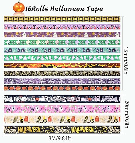 Miniatura 5 de AEBORN Juego de cintas Washi de Halloween, 16 rollos de cintas decorativas de lámina dorada con gato, calabaza, fantasma, bruja, perfecto para