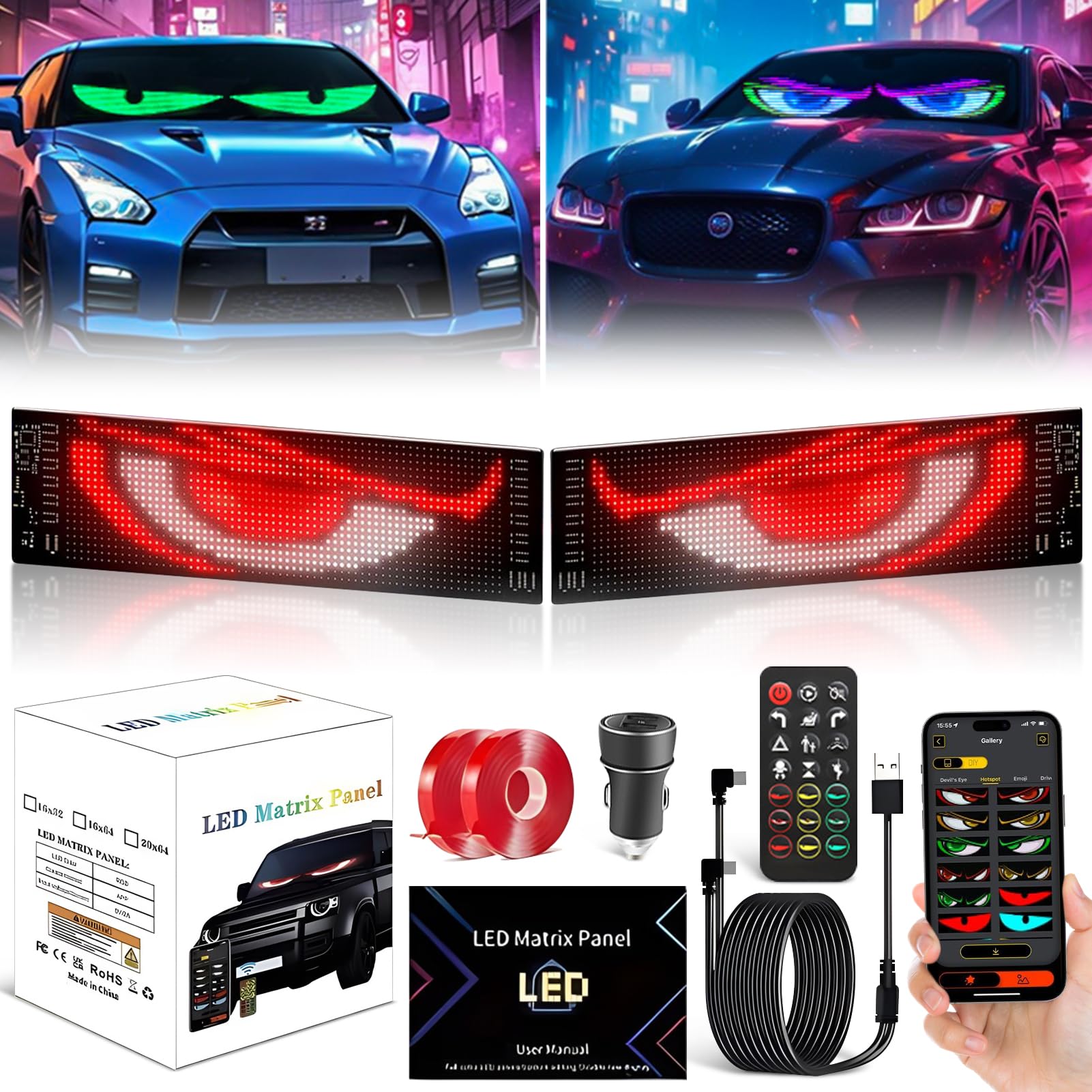 2er Devil Eyes LED Augen für Auto & LKW, 70mm*170mm, Programmierbare Flexible LED-Panel, Wasserdicht IP65, Fernbedienung & Bluetooth APP, Geeignet für Autos, LKWs, Party, Billboard