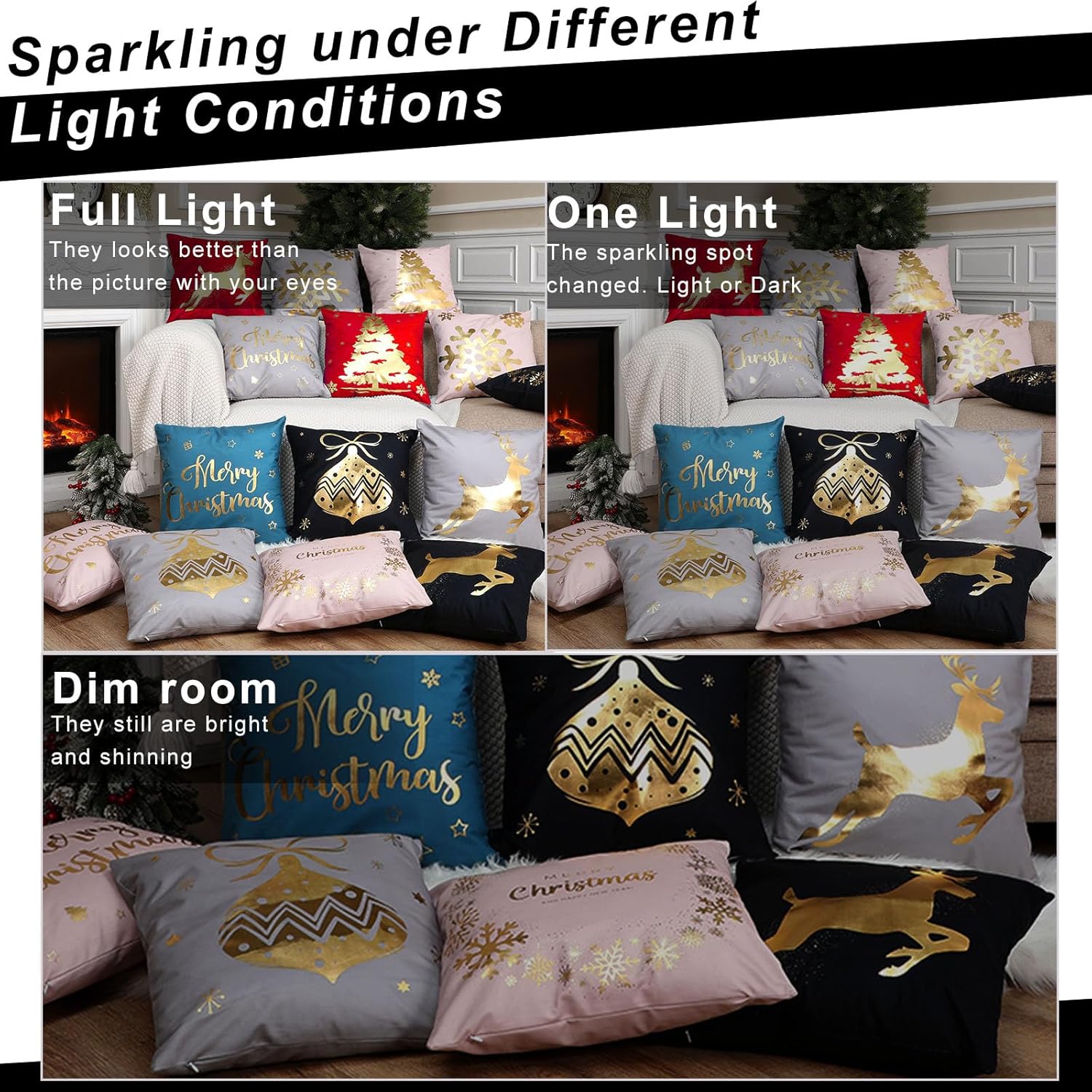 Tatuo Christmas Pillow Covers 18 x 18 Set of 6 Christmas Decoration Throw Pillow Covers Winter Holiday Decor Cushion Cases for Sofa Couch Bedroom Xmas Tree Snowflake Reindeer(Black, Gold)
