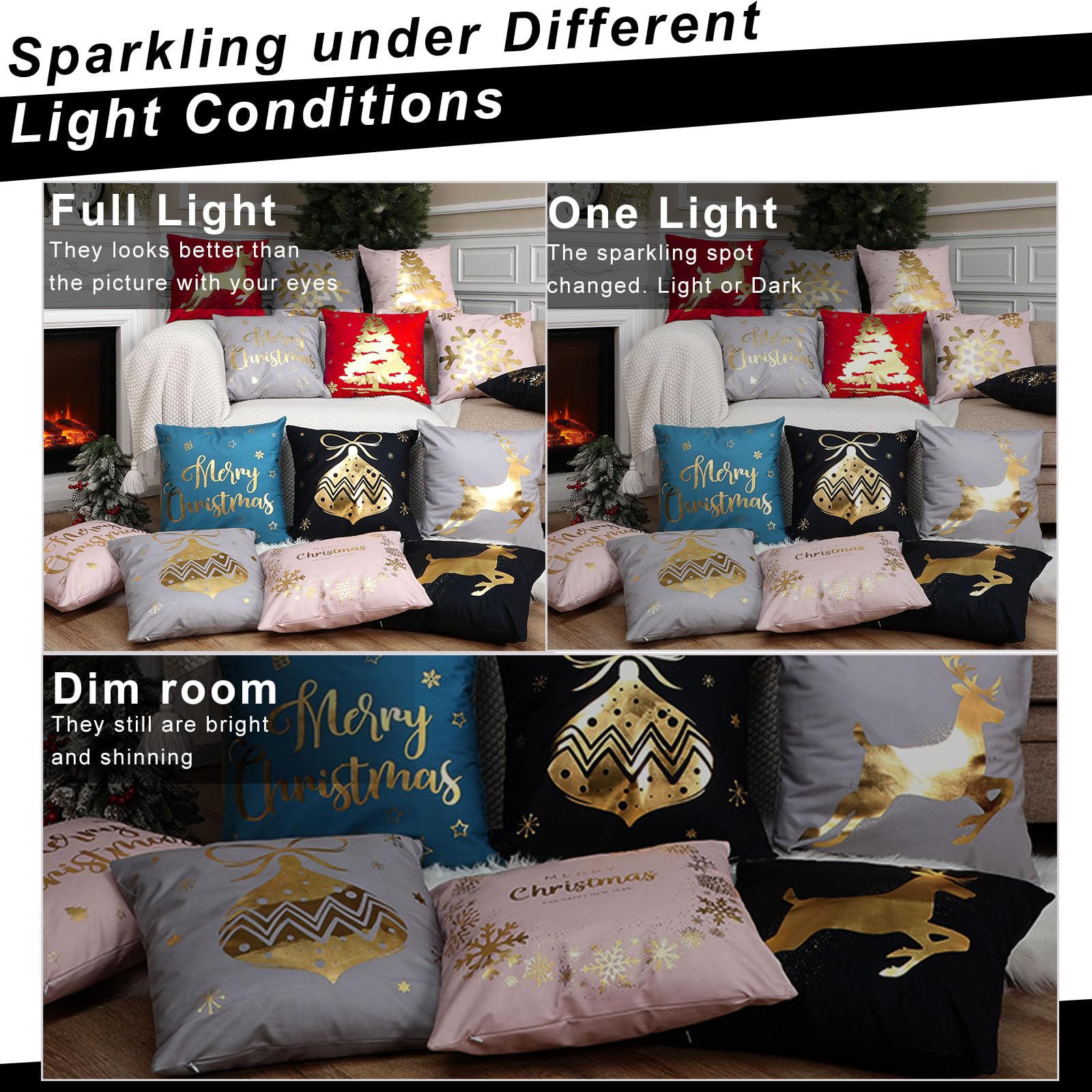 6 Pcs Housses de Coussin de Noël Taies d'oreiller Joyeux Noël Housses d'oreiller en Peluche pour Décoration d'hiver Vacances Canapé Sofa Bureau Chambre 45 x 45 cm (Noir, Or)