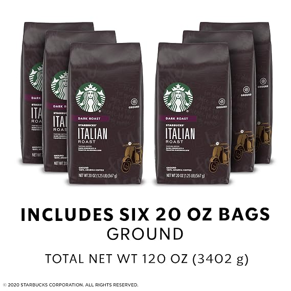 Starbucks Dark Roast Ground Coffee Italian Roast 100% Arabica 6 bags (20 oz. each)