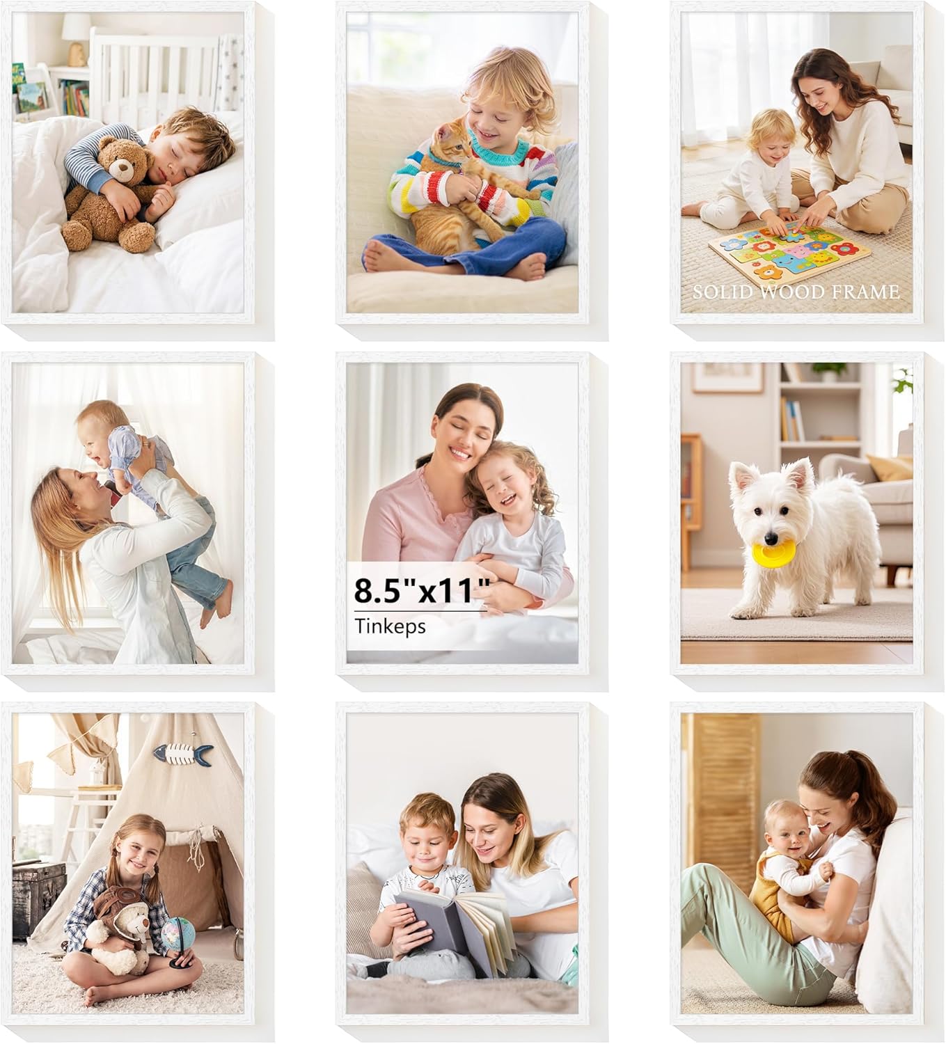 8x10 Picture Frames Set of 9 - Solid Wood Core, Thin Frame But Not Hollow Plastic - Scratch & Water Resistant Black Wood Grain Finish
