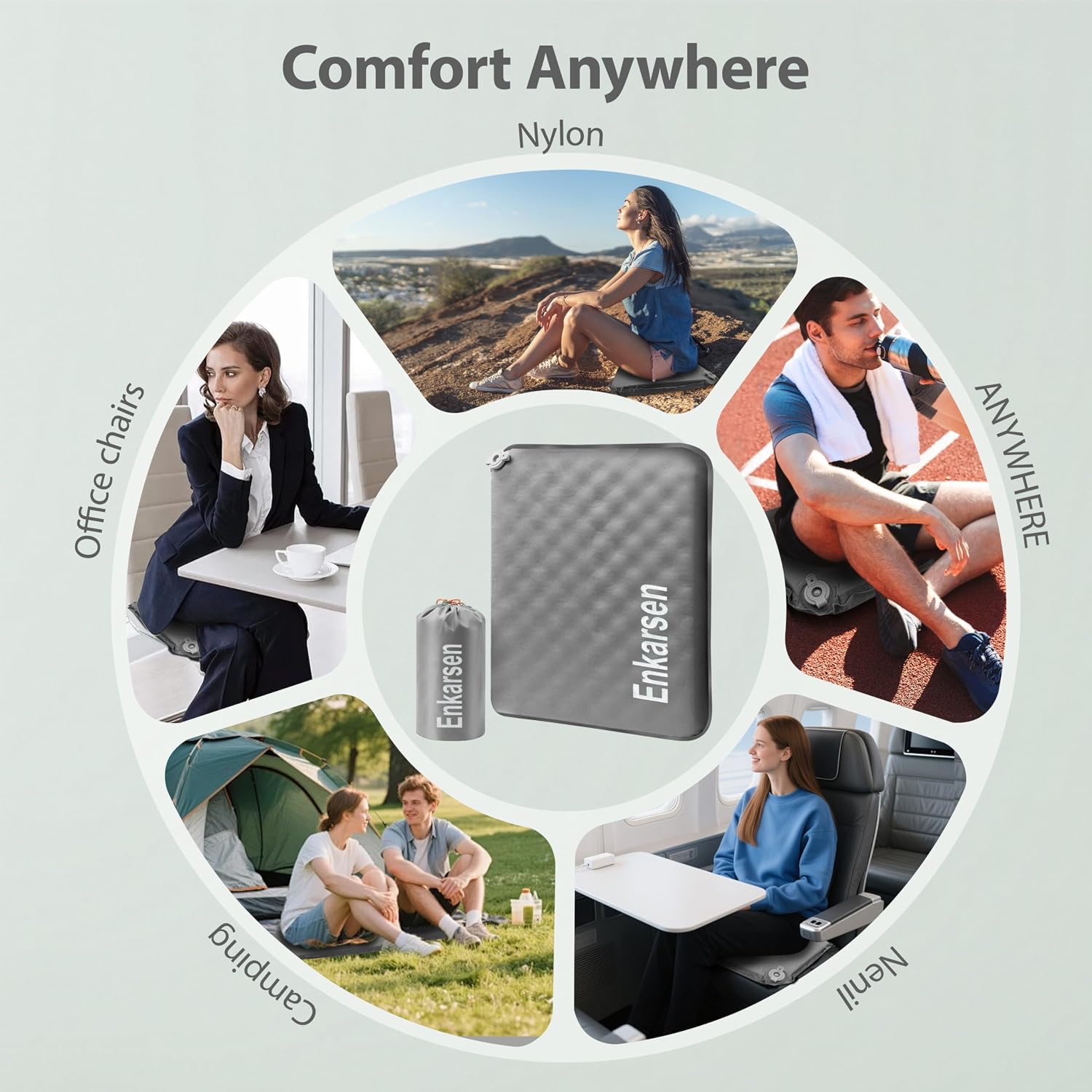 Inflatable Travel Seat Cushion – Self-Inflating Memory Foam Pad for Airplane, Stadium Bleachers, Camping, Hiking & Backpacking – Ultralight Compact & Portable Sitting Cushion (Grey)