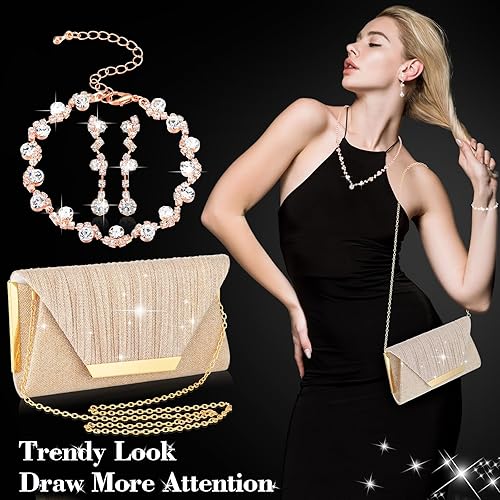 Vista 3 de Juego de 4 piezas de joyería con diamantes de imitación para mujer, bolsa de noche, aretes de cristal, collar de novia, accesorios de pulsera