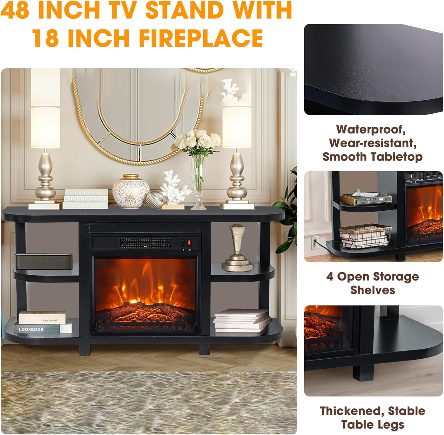 48" Fireplace Corner TV Stand with 18" Electric Fireplace Insert for TVs Up to 55", Entertainment Center with Four Shelves and LED Light, Modern TV Console Table for Living Room & Bedroom, Black