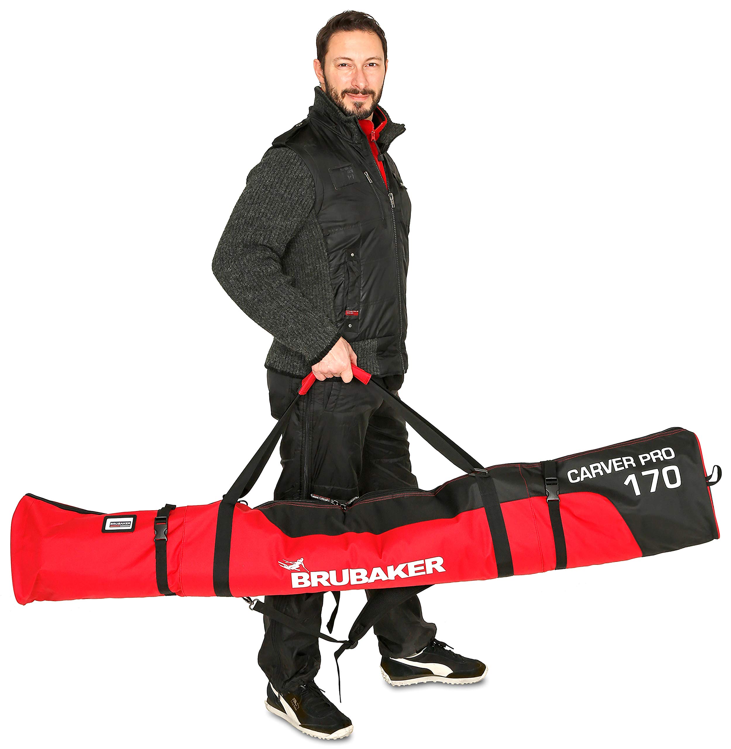 BRUBAKER Sac à Chaussures de Ski 'Super Function' et Housse à Skis 'Carver Pro' pour 1 Paire de Skis + Bâtons + Chaussures + Casque - 170 cm - Noir/Rouge