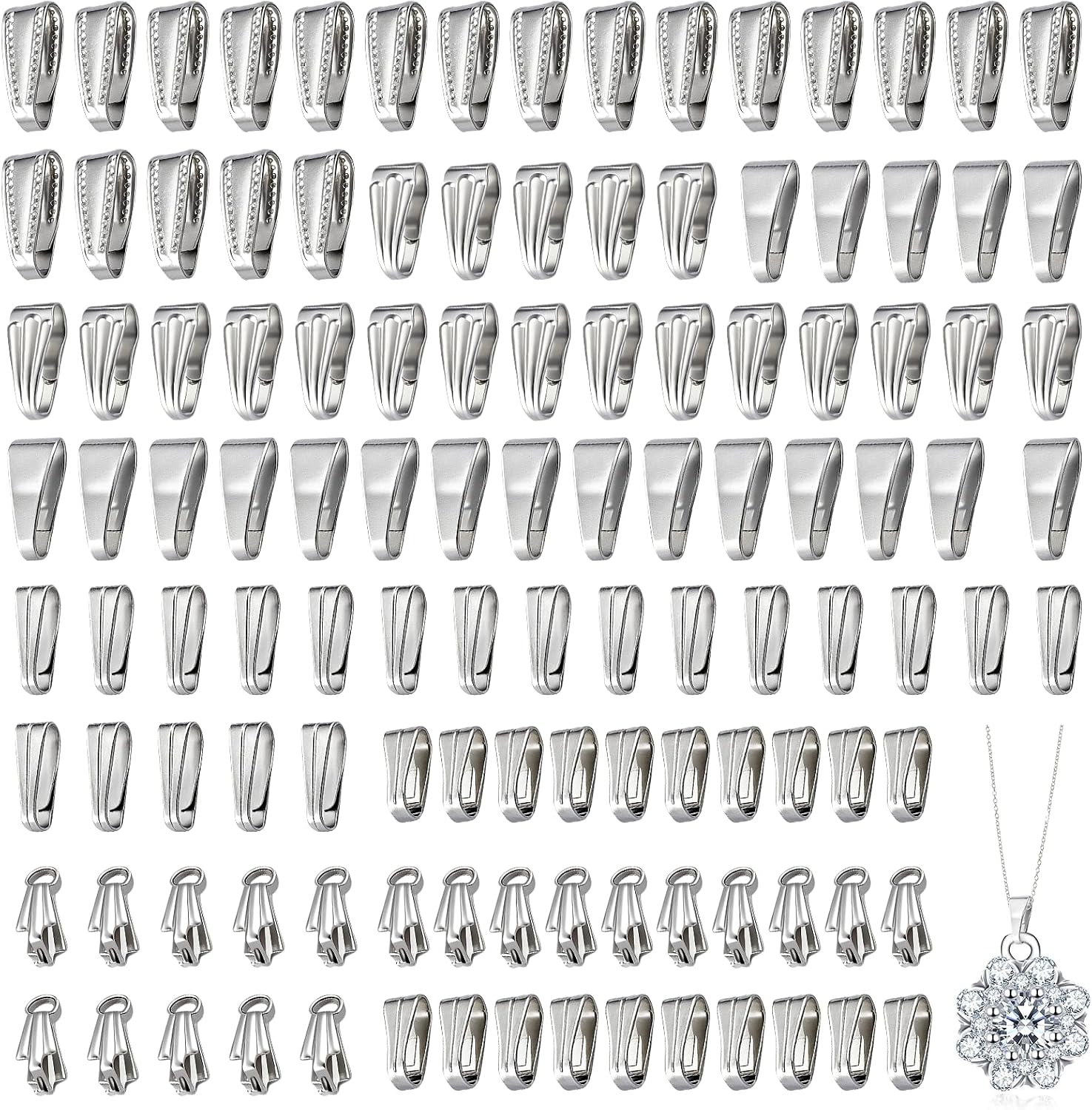 120 Pcs Stainless Steel Pendant Clasps for Necklaces, Pinch Clip Bail Clasp Necklace Pendant Connector Jewelry Findings, 6 Sizes Assortment for DIY Necklaces and Bracelets Jewelry Making Supplies