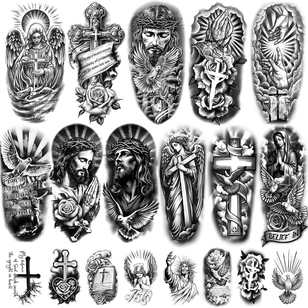 77 Sheets Christian Temporary Tattoo for Women Men, 17 Sheets Half Arm Religious Cross Jesus God Angels Fake Tattoos for Adult Arm Chest, 60 Sheets Christ Tiny Realistic Tattoos Stickers for Kids